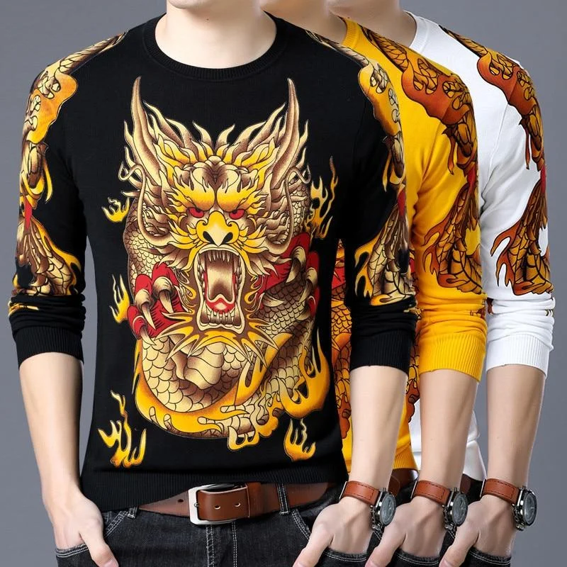 Sequined Sweaters for Glamorous Look -England Style Men's Chinese Animal Painting O-Neck Slim Fit Pullover Sweater