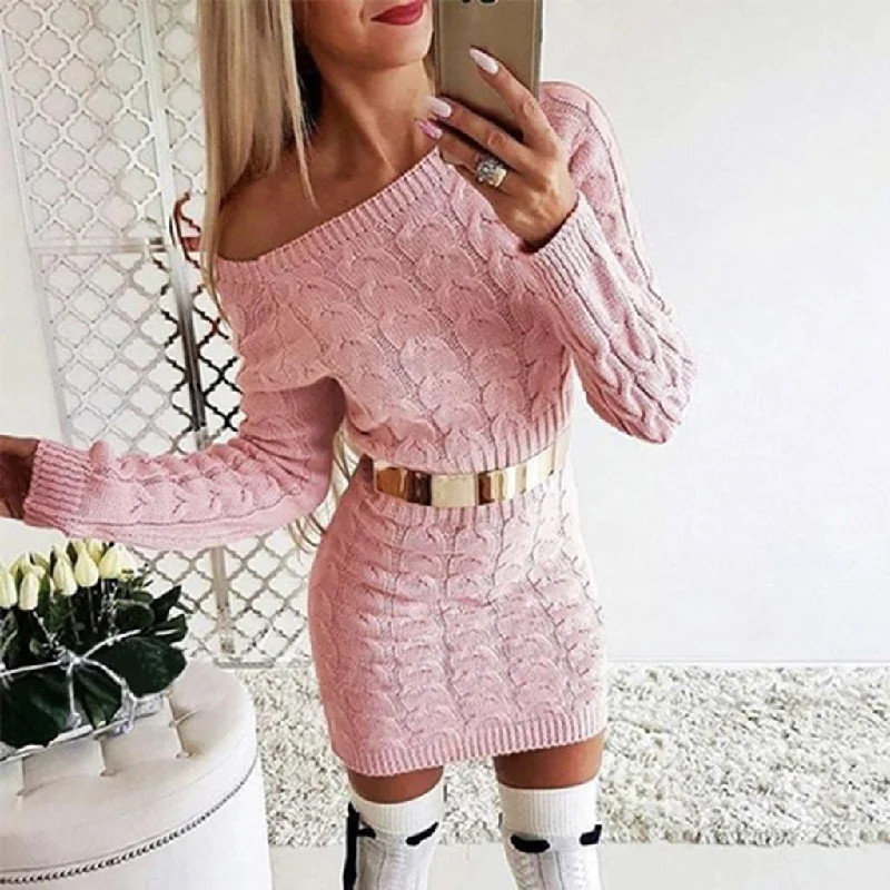 Valentine's Day Sweaters for Romantic Look -Women Casual Warm Elegant Off Shoulder Long Sleeve Knitted Sweaters