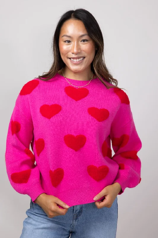 Breathable Sweaters for Comfort -Miracle Multi Heart Sweater for Women in Hot Pink/Red | W8373-HPINK