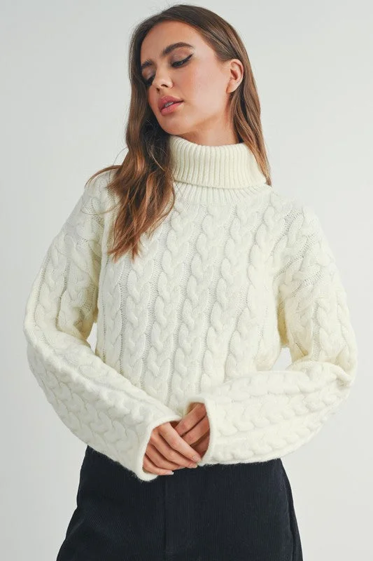 Shearling - Lined Sweaters for Extra Warmth -Braided Turtleneck Sweater (Ivory)