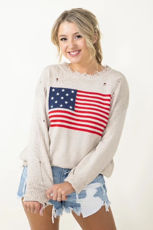 Moisture - Wicking Sweaters for Active -Miracle American Flag Distressed Sweater for Women in Beige | L2402-BEIGE