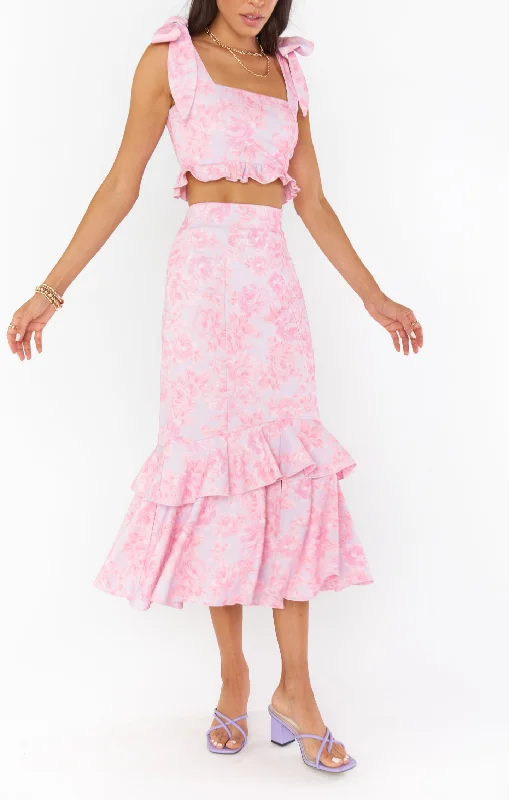 Ruffled midi skirts for delicate feminine touch -Dutchess Ruffle Skirt ~ Blushing Floral Stretch