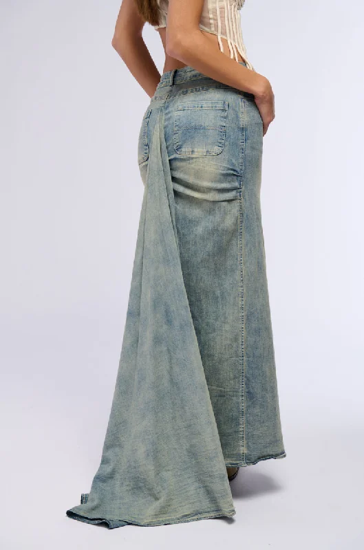 Lightweight skirts for warm season chic -OH THE DRAMA DENIM MAXI SKIRT WITH TRAIN