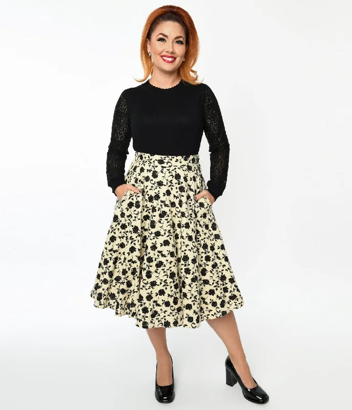 Soft cotton skirts for sensitive skin ease -Cream & Black Floral Swing Skirt