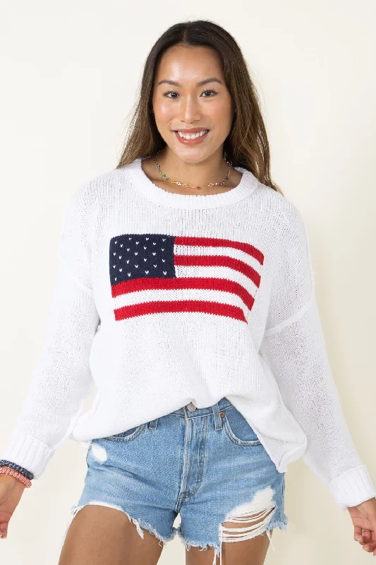 Sustainable Sweaters for Ethical Fashion -Miracle Knit American Flag Lightweight Sweater for Women in Ivory | F172-IVORY