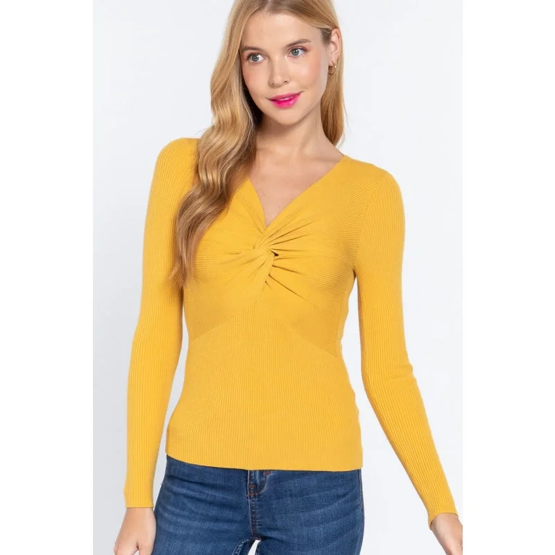 Slim - Fit Sweaters for Tight Look -Honey Mustard Color Long Sleeve V-neck Front Twisted Design Sweater