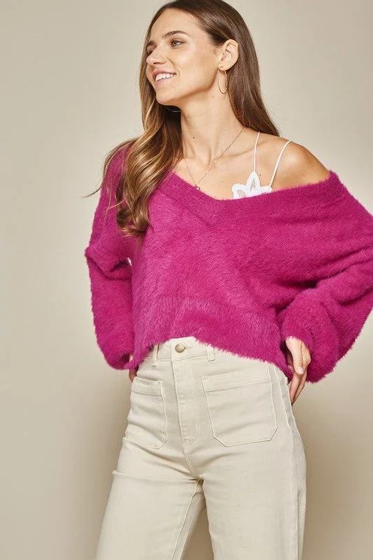 Turtleneck Sweaters for Cold Weather -Cropped Fuzzy Sweater (Pink)