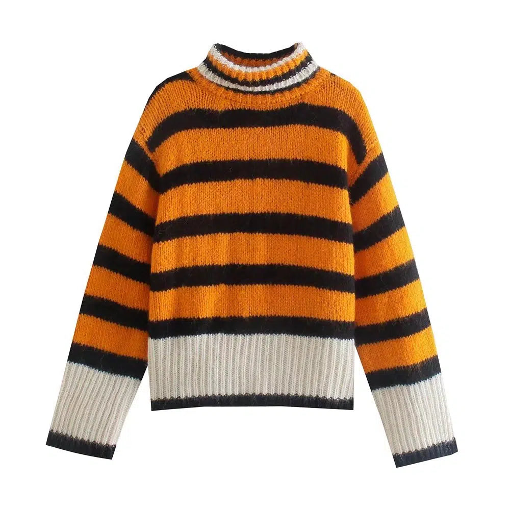 Travel - Friendly Sweaters for Trip -High Collar Striped Knit Sweater