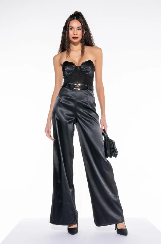 Wool Wide Leg Pants for Warmth -THE ONE AND ONLY WIDE LEG STRAPLESS JUMPSUIT WITH ATTATCHED BELT BLACK