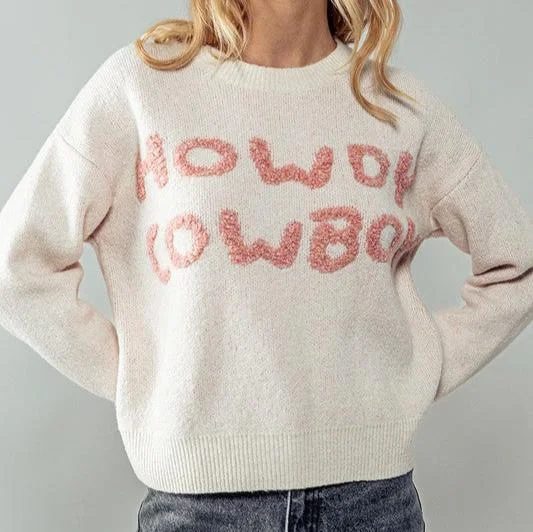 Solid Color Sweaters for Simple Elegance -Women's "Howdy Cowboy" Wordy Knit Sweater in Ivory