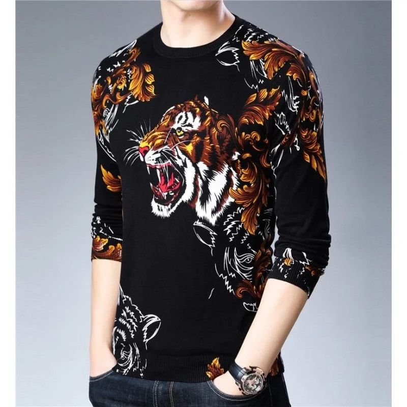 Hand - Knitted Sweaters for Personal Touch -Spring England Style Men's Tiger Head Patterns Print O-neck Pullover Sweater