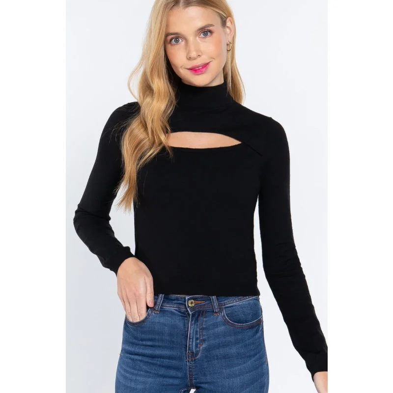 Boat Neck Sweaters for Chic Style -Black Color Long Sleeve Mock Neck Front Keyhole Design Sweater