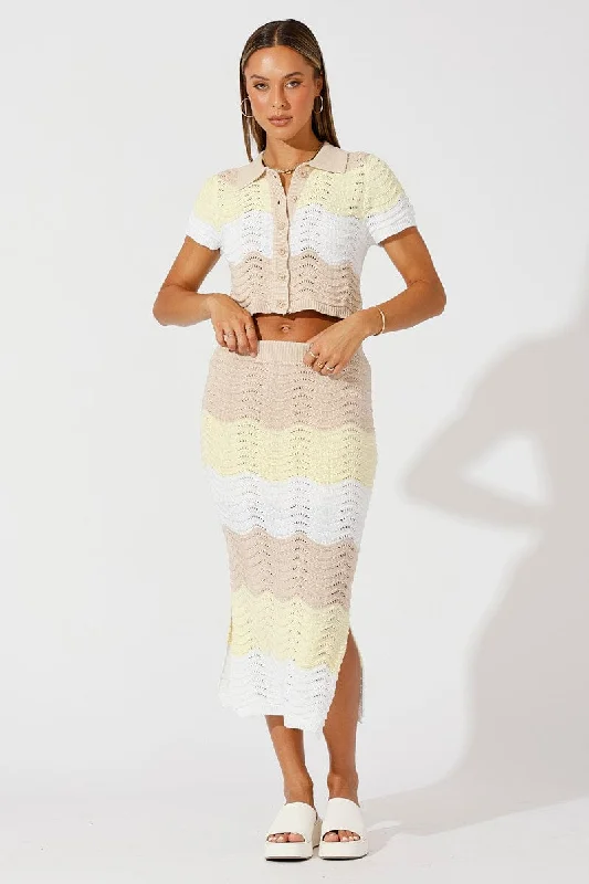 Wrap midi skirts for stylish ease -Beige Stripe Knit Skirt Midi Crochet