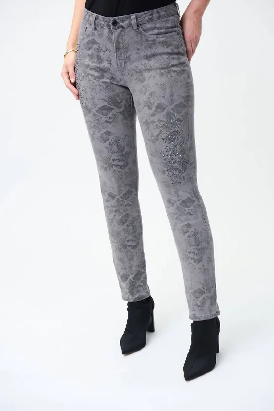 Printed Embellished Jeans In Grey