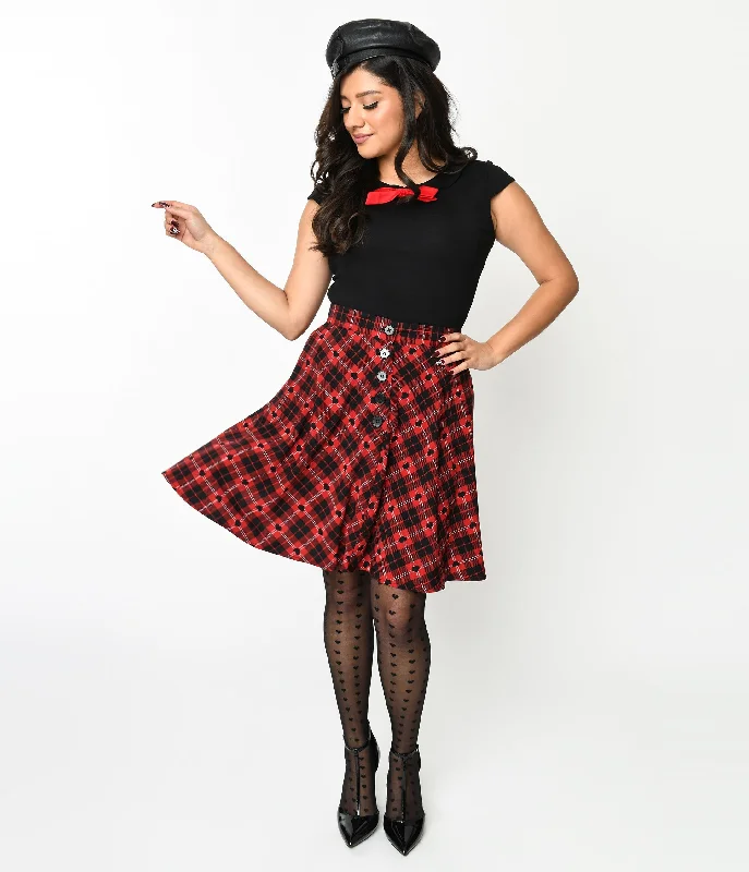 Soft linen skirts for gentle warm wear -Hell Bunny Red & Black Heart Plaid Date Night Skirt