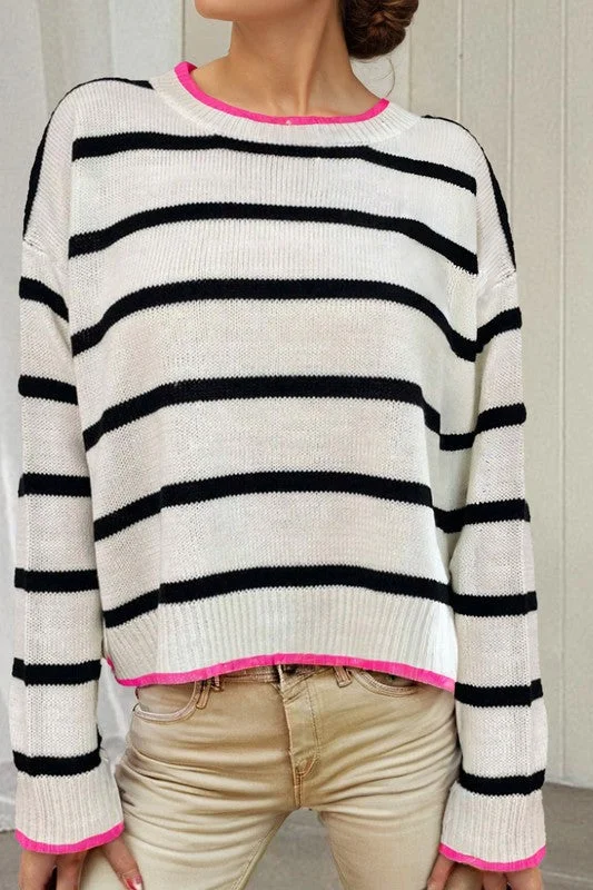 Oversized Sweaters for Relaxed Fit -Striped Crew Neck  Sweater