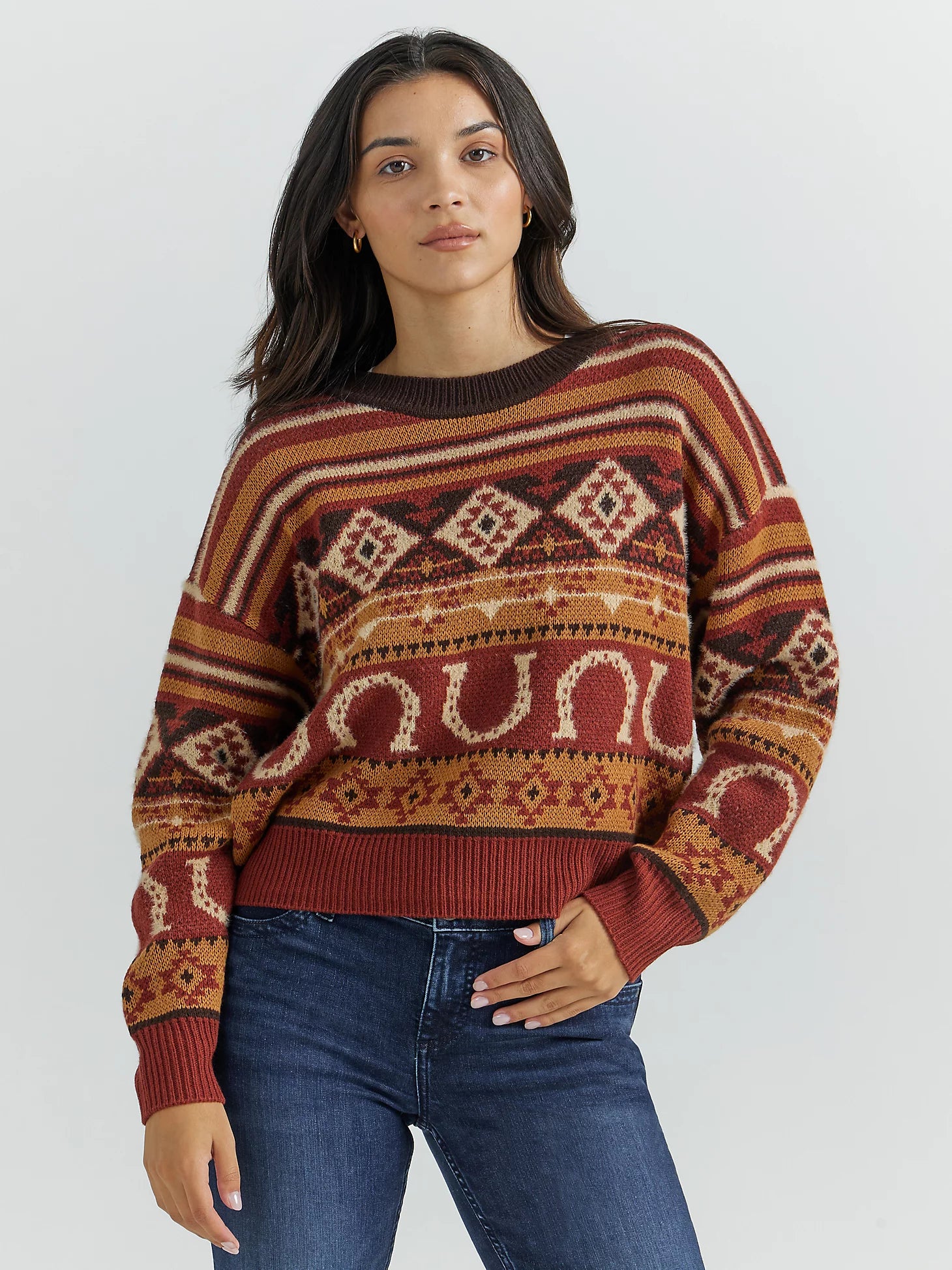 Sustainable Sweaters for Ethical Fashion -Wrangler Retro Women's Southwestern Pullover Sweater in Horseshoe Burgundy