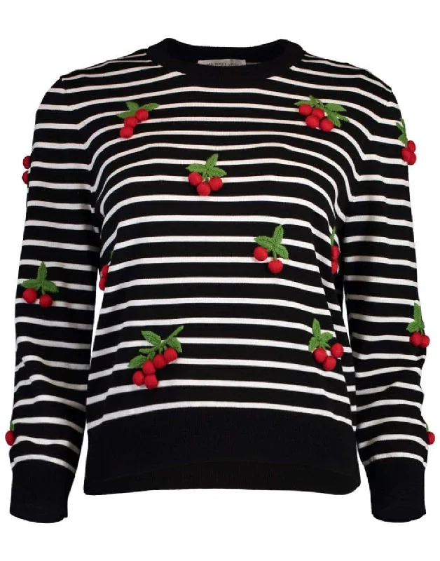 Short - Hemmed Sweaters for Youthful Look -Cherry Embellished Pullover Sweater