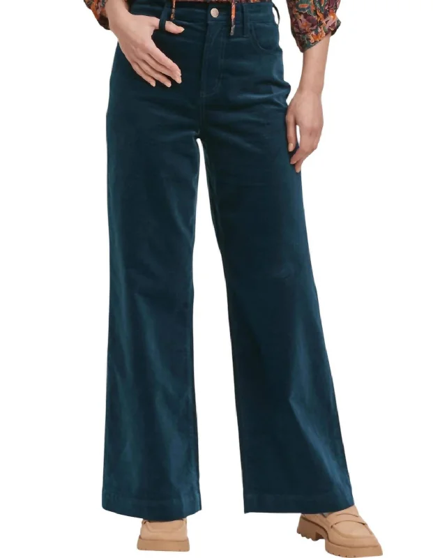 Linen Wide Leg Pants for Breathable -Audrey Full Inseam Wide Leg Pants In Teal Velveteen