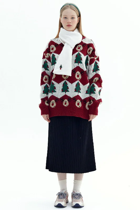 Solid Color Sweaters for Simple Elegance -Long Sleeve Oversized Christmas Tree Sweater