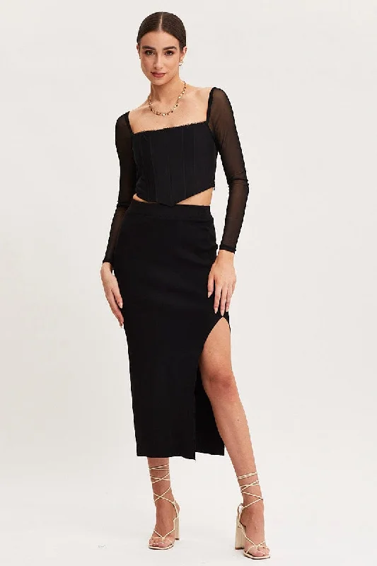 Classic skirts with subtle texture weave -Black Knit Skirt Midi High Rise