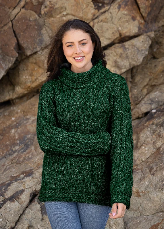 Wrinkle - Resistant Sweaters for Easy Care -Aran Cowl Neck Women's Sweater | Green