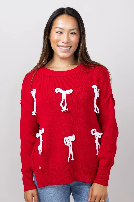 Machine - Made Sweaters for Mass Production -Simply Southern Bows Sweater for Women in Red | PP-0224-SWTR-CABLEKNIT-RED