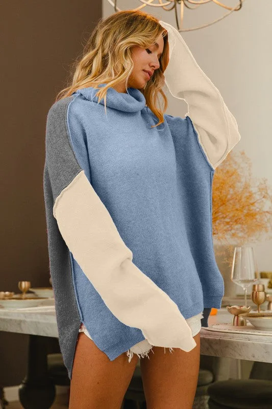 Hooded Sweaters for Added Protection -Turtleneck Colorblock Sweater