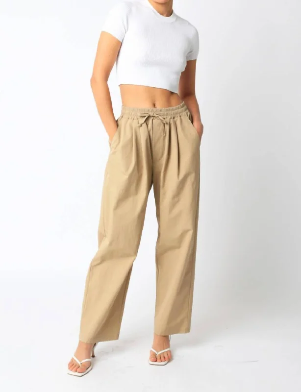 Cotton Wide Leg Pants for Comfort -Twill Wide Leg Pants In Tan