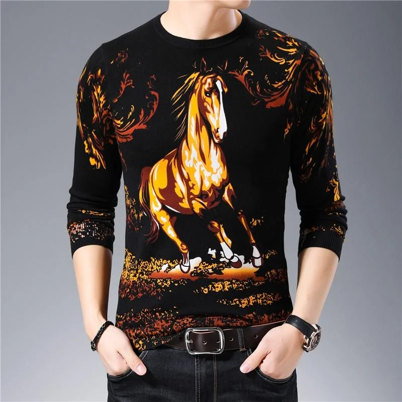 Embroidered Sweaters for Detailed Decoration -Spring Men's Paint O-Neck Slim Fit Computer Knitted Pullover Sweater