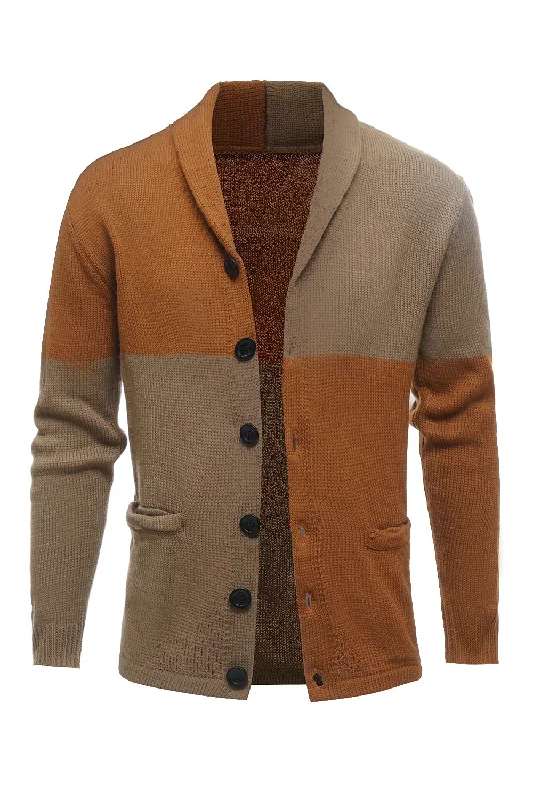 Floral Sweaters for Feminine Touch -Brown Patchwork Shawl Collar Long Sleeves Men's Cardigan Sweater