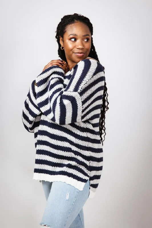 Waffle - Knit Sweaters for Chunky Texture -Miracle Striped V Neck Sweater for Women in Denim Combo | F183-DENIMCOMBO