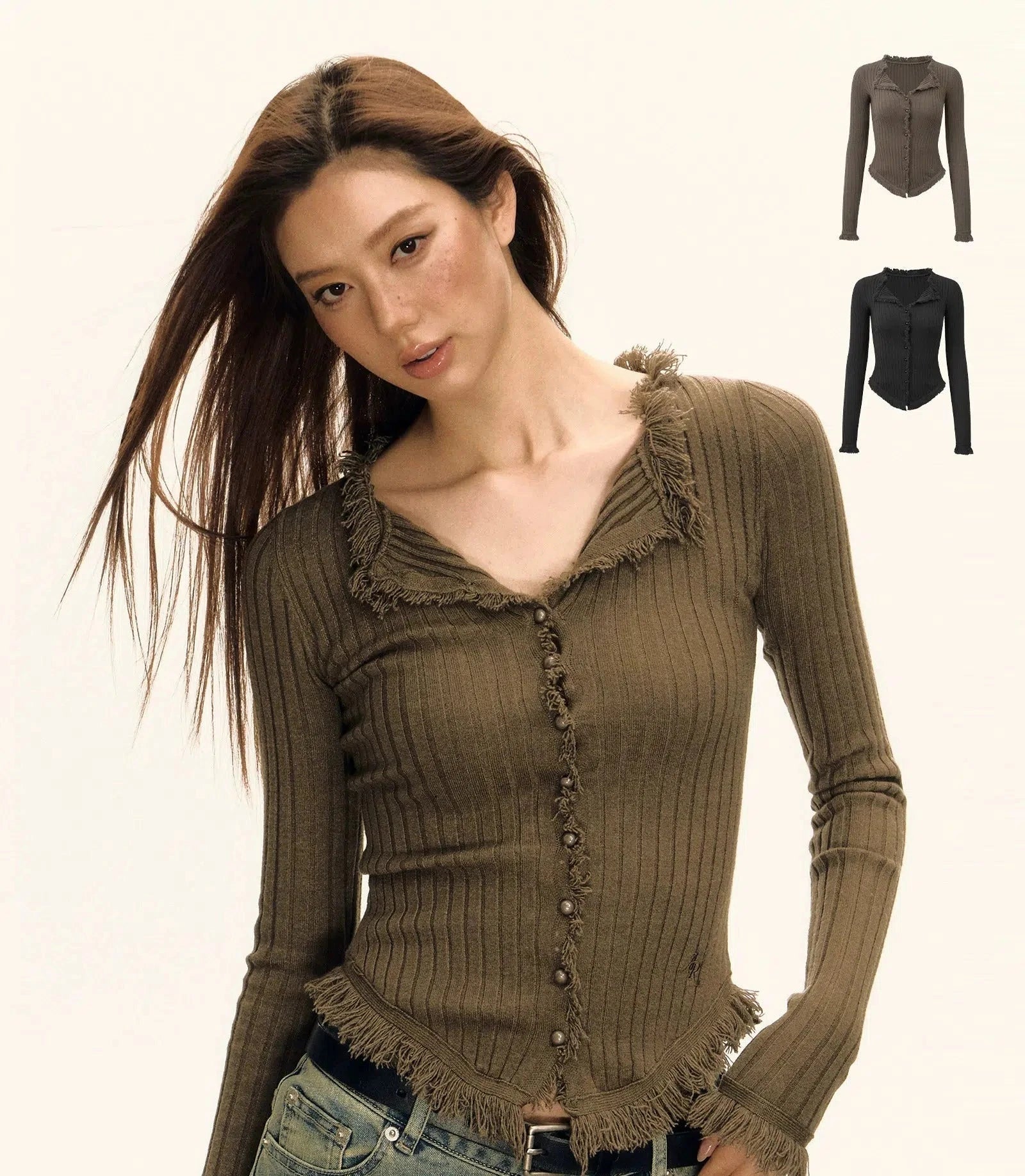 Sequined Sweaters for Glamorous Look -Fringed Button-Up Knit Sweater