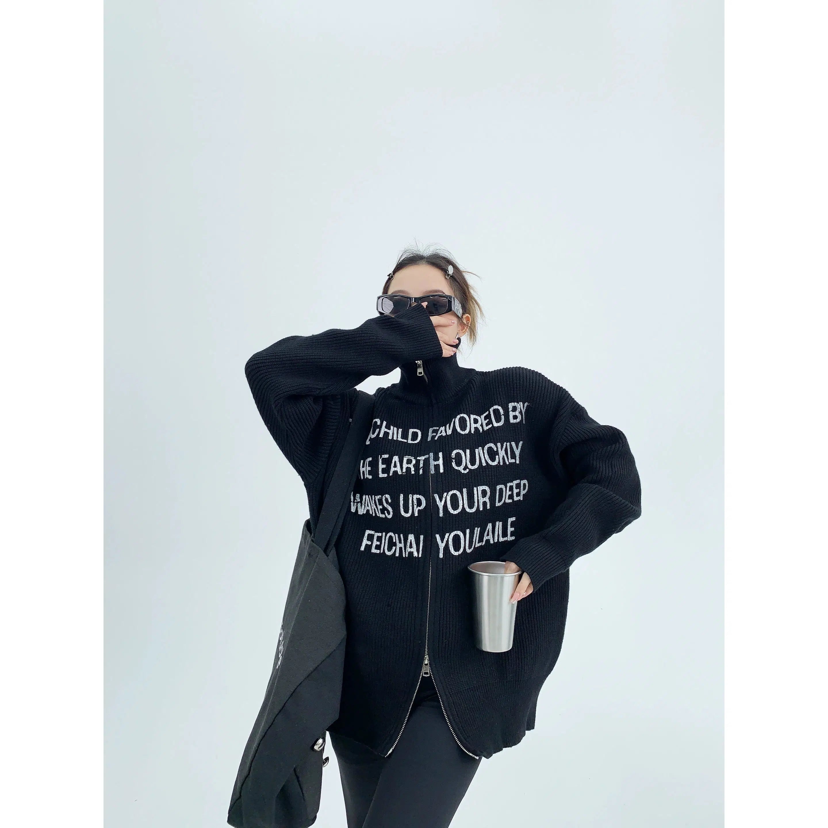 Women's Cashmere Sweaters for Elegant Style -Graphic Text Zippered Knit Sweater