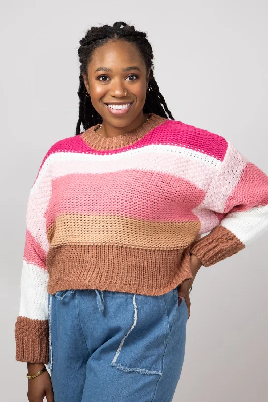 Outdoor - Activity Sweaters for Hiking -Simply Southern Striped Cropped Sweater for Women in Cranberry | PP-0224-SWTR-CLRSTRP-CRNBRRY