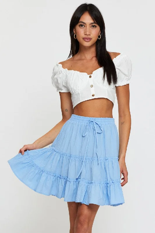 Ruffled maxi skirts for boho summer flair -Blue Elastic Waist Frill Hem Skater Skirt