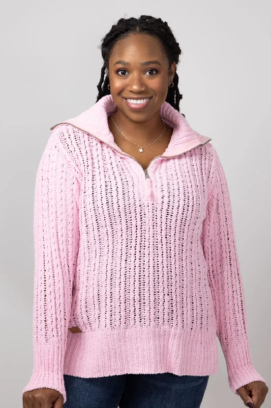 Casual - Wear Sweaters for Weekend -Simply Southern So Soft Quarter Zip Sweater for Women in Candy Pink | PP-0224-SWTR-SOSFT-CANDY