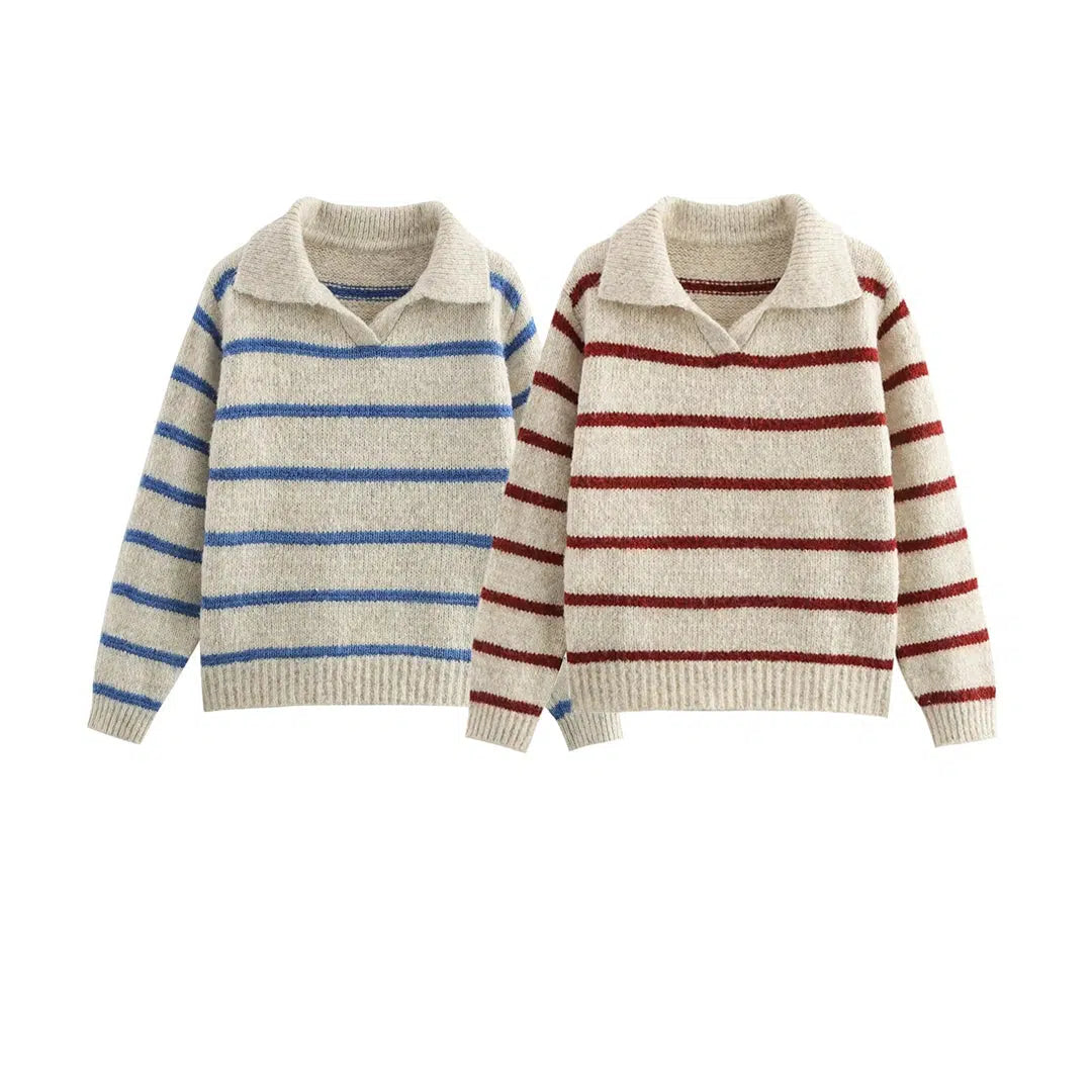 Lightweight Sweaters for Layering -Striped Lapel Knit Sweater