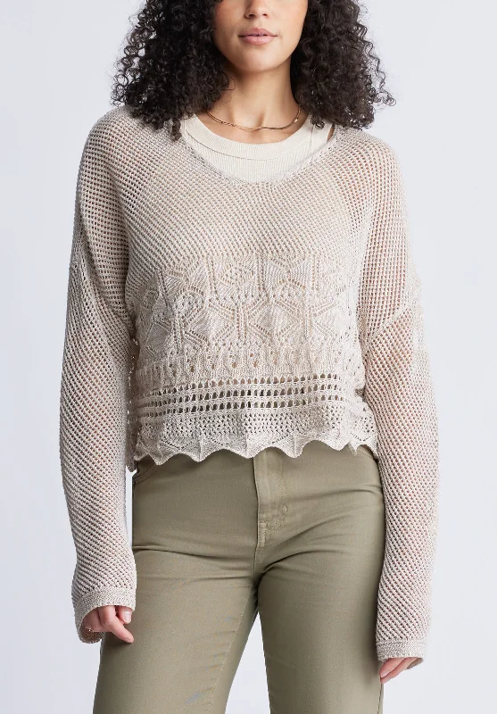 Polyester Sweaters for Durable Use -Cornelia Women's Crochet Cropped Sweater, Tan - SW0056S