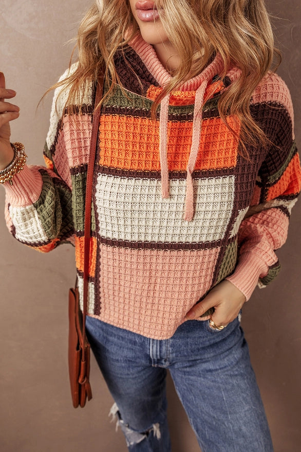 Thermal - Insulated Sweaters for Cold - Protection -Women's Multi-Color Block Waffle Knit Sweater in Orange