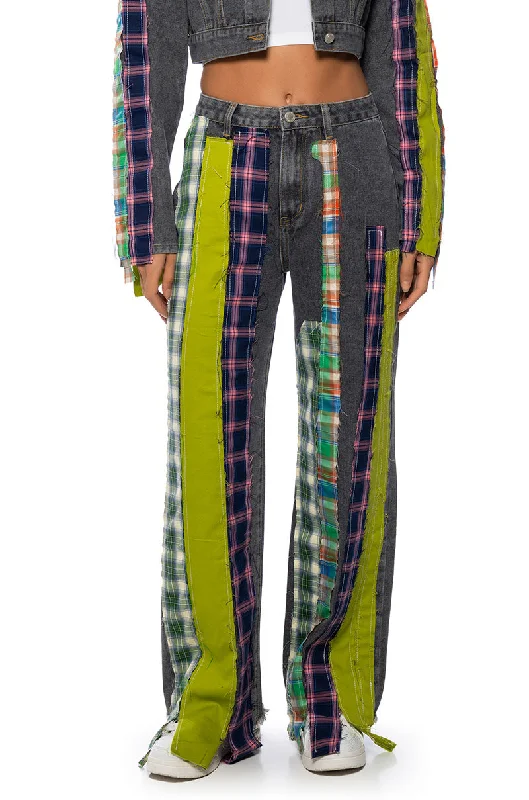 Wide Leg Pants for Indoor Gatherings -SOMETHIN NEW PLAID DETAIL WIDE LEG JEAN