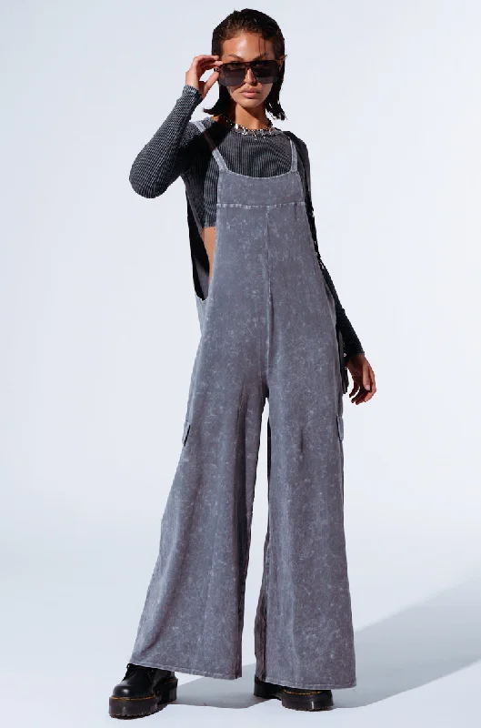 Brown Wide Leg Pants for Earthy -GAIA WASHED WIDE LEG JUMPSUIT IN CHARCOAL