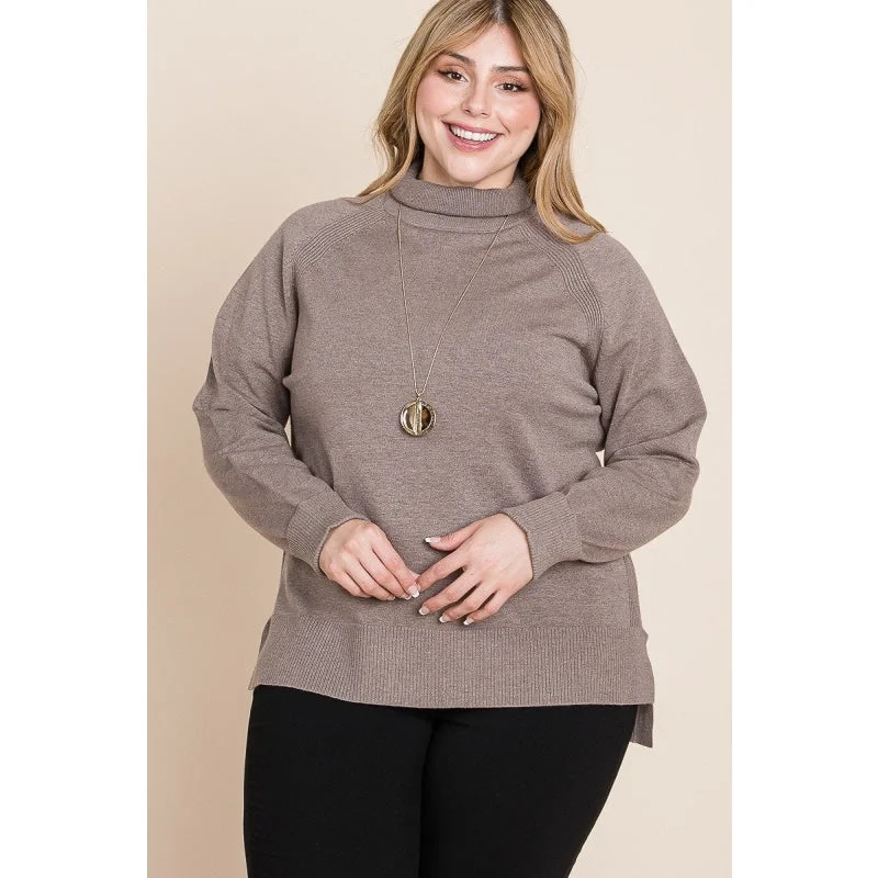 Sustainable Sweaters for Ethical Fashion -Women's Plus Size Brown Knitted Turtleneck Two Tone High Low Hem Sweater