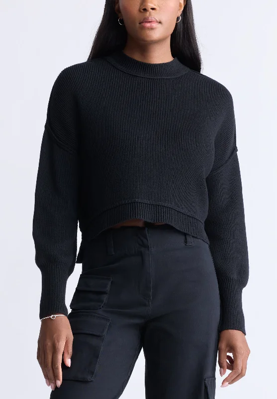 Fringed Sweaters for Bohemian Style -Seema Women’s Dropped Sleeve Cropped Sweater, Black - SW0095F