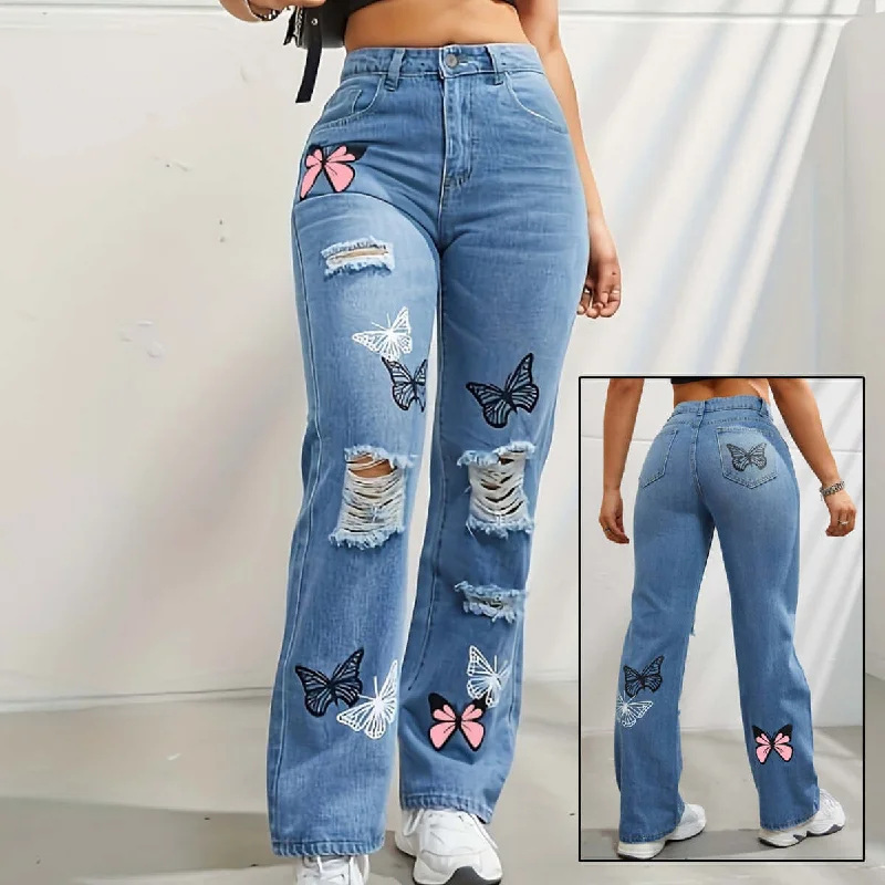 Wide Leg Pants for Summer Vacations -High Waisted Straight Leg Jeans For Women Trendy Butterfly Print Ripped Distressed Denim Pants