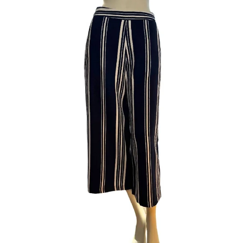 Wide Leg Pants with Front Slits -Classic Navy Striped Wide Leg Pants In Navy, White