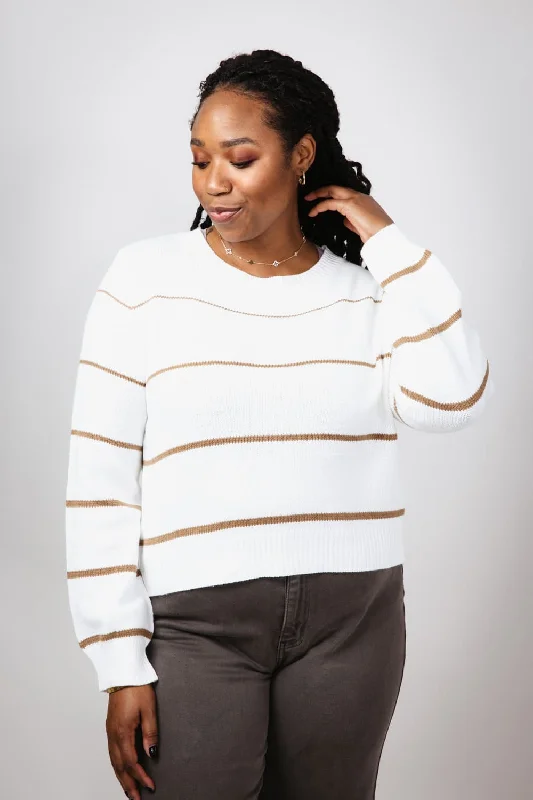 Lace - Trimmed Sweaters for Feminine Detail -Miracle Striped Sweater for Women in White Caramel | F140-WHITECARAMEL