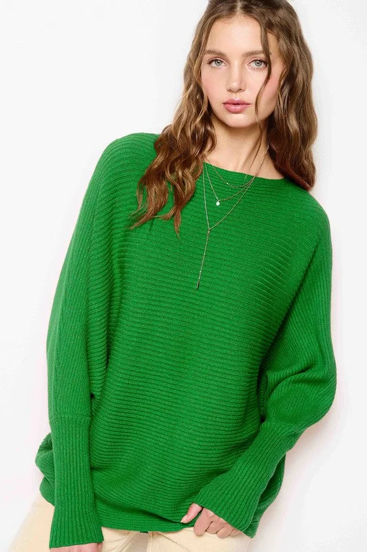 Plus - Size Sweaters for Curvy Women -Ribbed Boatneck Bubble Sleeve Sweater (Green)