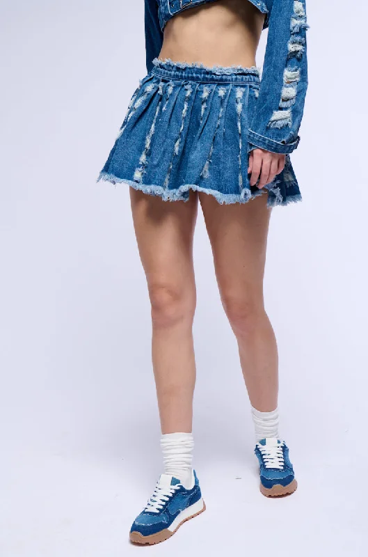 Cute skirts with playful polka dots -STRESSED OUT CUT OUT PLEATED DENIM MINI SKIRT