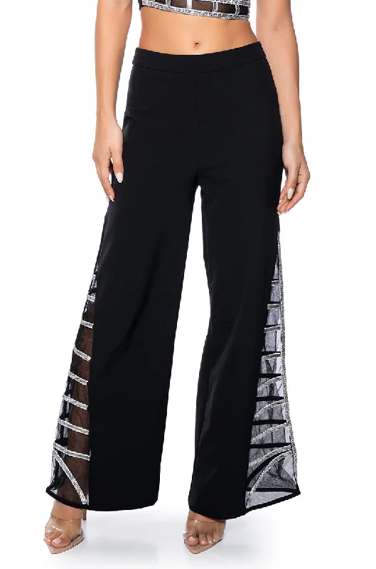 Wide Leg Pants for School Days -PREMIER RHINESTONE MESH PANEL SATIN WIDE LEG PANT